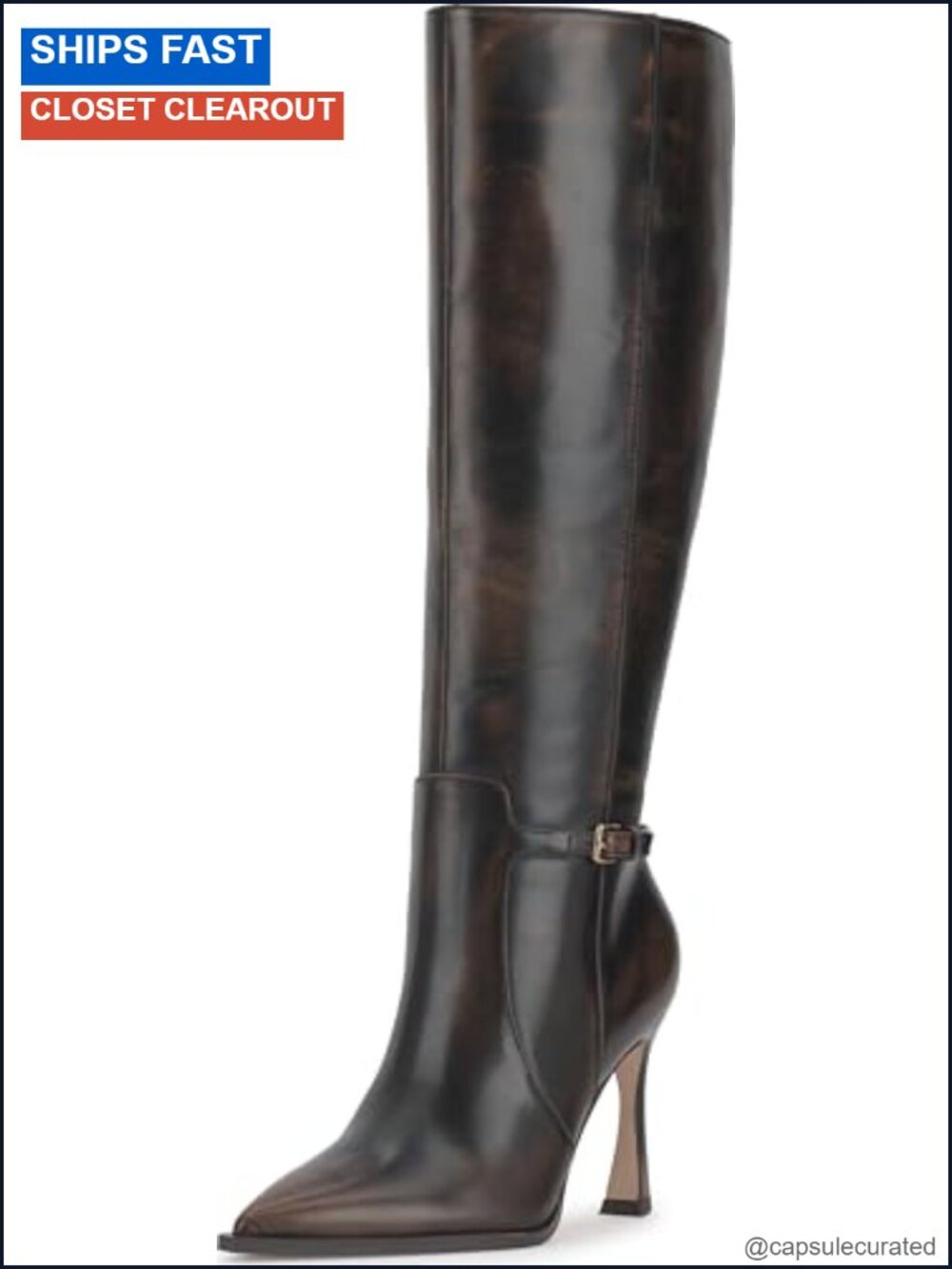 Wide Calf Knee High Boots Leather Stiletto Heel Zip Closure Pointed Toe Fall